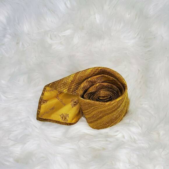Vintage Oleg Cassini Yellow Gold Silk Tie for Harris and Frank Diamond Textured - Picture 2 of 4